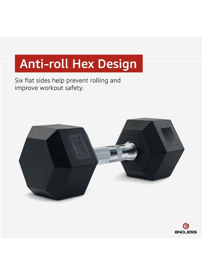 بلا نهاية دمبل مطلي بالمطاط سداسي الشكل | 7.5 كجم لكل واحد (المجموع 15 كجم) | أوزان حديدية لبناء العضلات واللياقة البدنية وتمارين الجيم المنزلي - Image 4